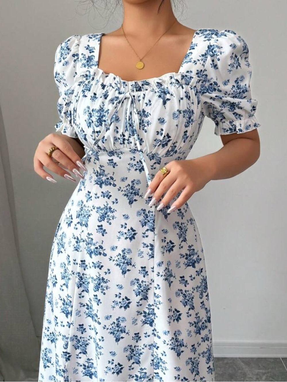 Lioness White and Blue Floral Square-Neck Midi Dress